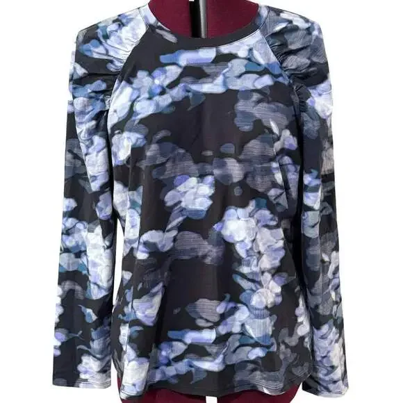 NZT Nic + Zoe Blurred Floral Long Sleeve Puff Shoulder Knit Tee Blue NWT Large - Picture 4 of 11